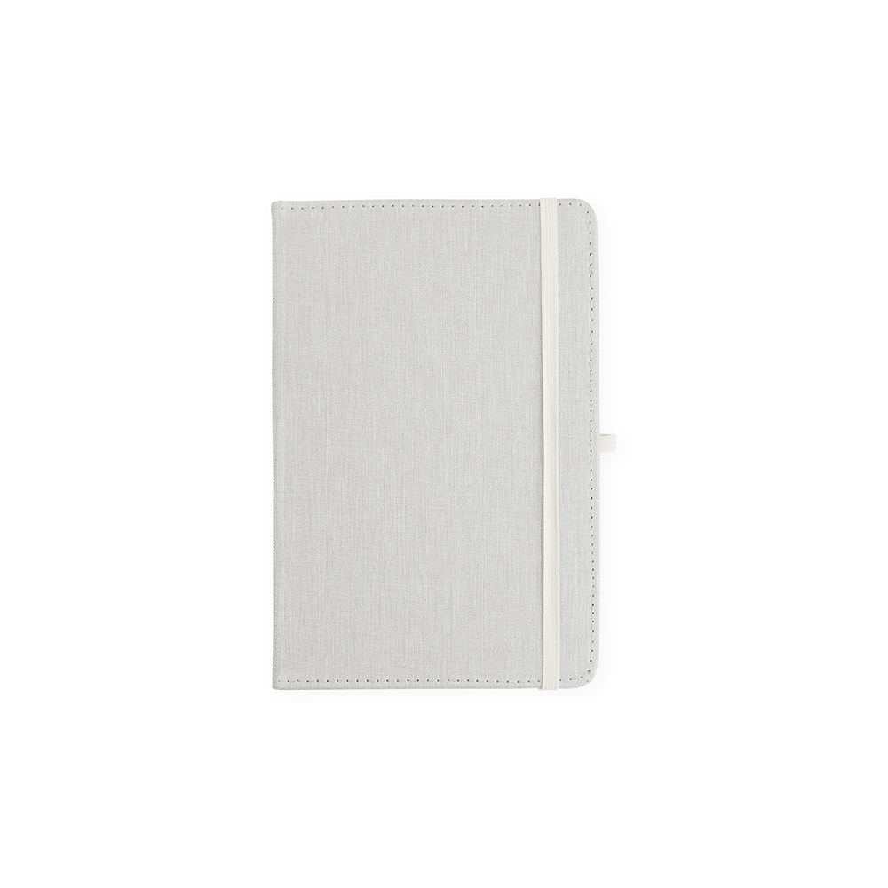 Caderneta em linho com porta-caneta e 80 folhas (21 x 14 cm) personalizada com a logo da empresa, na cor branco