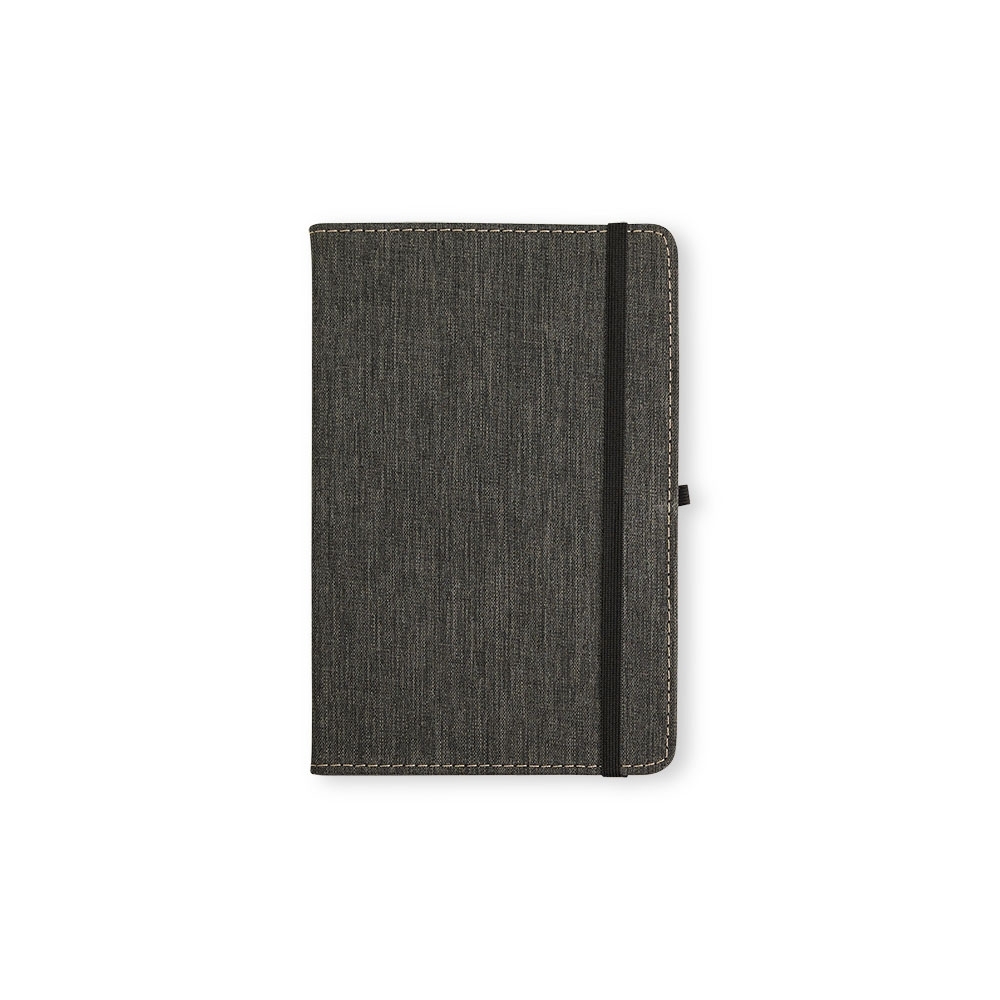 Caderneta em linho com porta-caneta e 80 folhas (21 x 14 cm) na cor Preto, personalizada com a logo da empresa