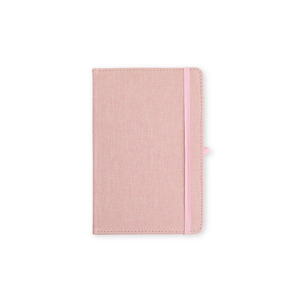 Caderneta em linho com porta-caneta e 80 folhas (21 x 14 cm) personalizada com a logo da empresa, na cor rosa claro