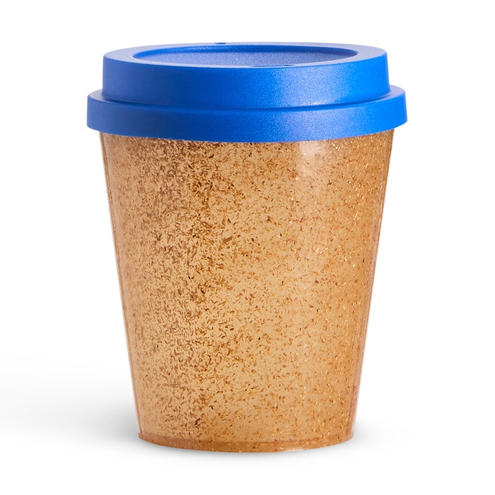 Copo de fibra de coco 350 ml personalizado com a logo da empresa, na cor bege / azul