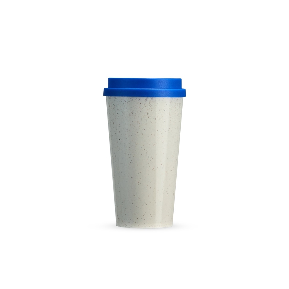 Copo de fibra de arroz 550 ml com tampa de pressão personalizado com a logo da empresa, na cor azul