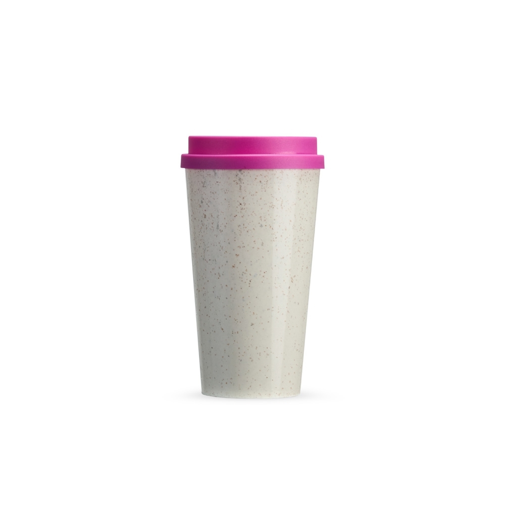 Copo de fibra de arroz 550 ml com tampa de pressão personalizado com a logo da empresa, na cor rosa