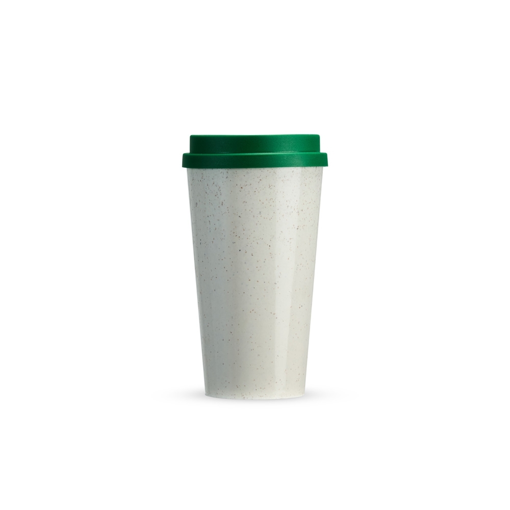 Copo de fibra de arroz 550 ml com tampa de pressão personalizado com a logo da empresa, na cor verde