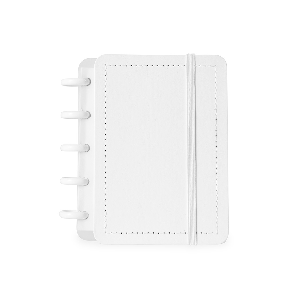 Caderno de disco percalux com capa dura e elástico na cor Branco, personalizado com a logo da empresa