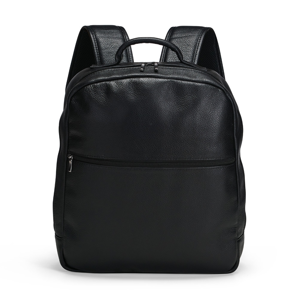 Mochila de couro legítimo 14 litros com bolso frontal e divisórias na cor Preto, personalizada com a logo da empresa