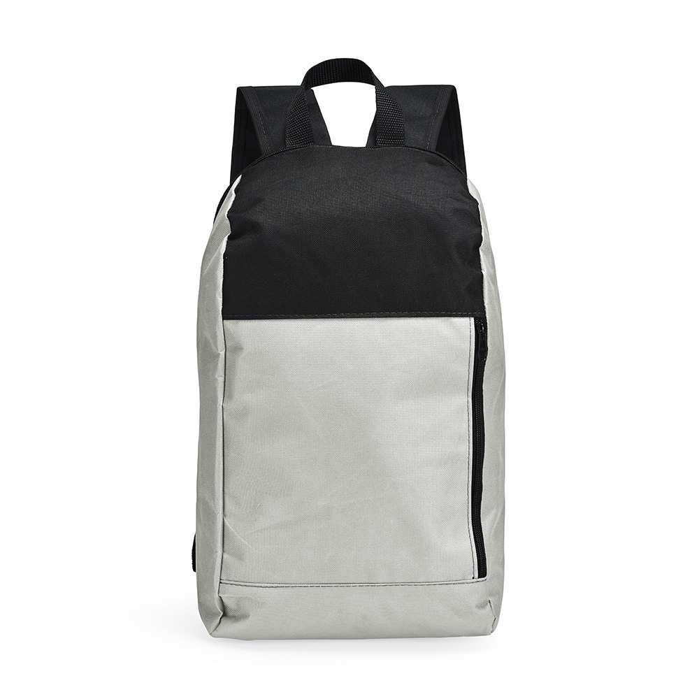 Mochila de poliéster 14 litros impermeável com bolso frontal personalizada com a logo da empresa, na cor cinza / preto