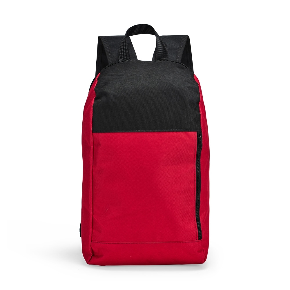 Mochila de poliéster 14 litros impermeável com bolso frontal personalizada com a logo da empresa, na cor vermelho / preto