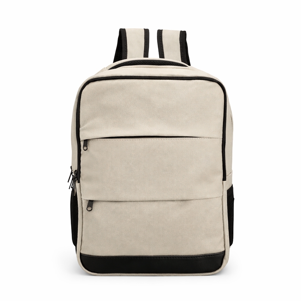 Mochila de couro sintético 20 litros com divisórias personalizada com a logo da empresa, na cor bege / preto