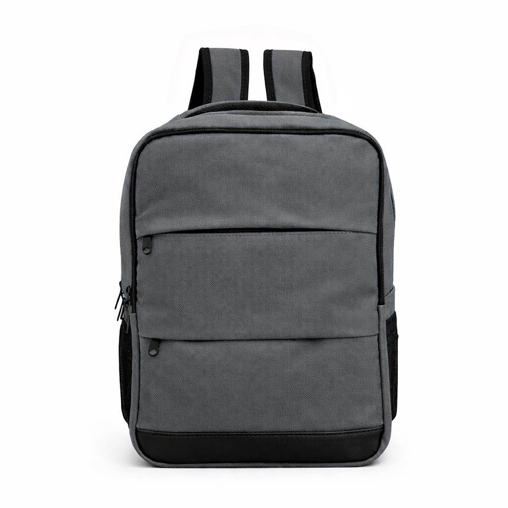 Mochila de couro sintético 20 litros com divisórias personalizada com a logo da empresa, na cor cinza / preto