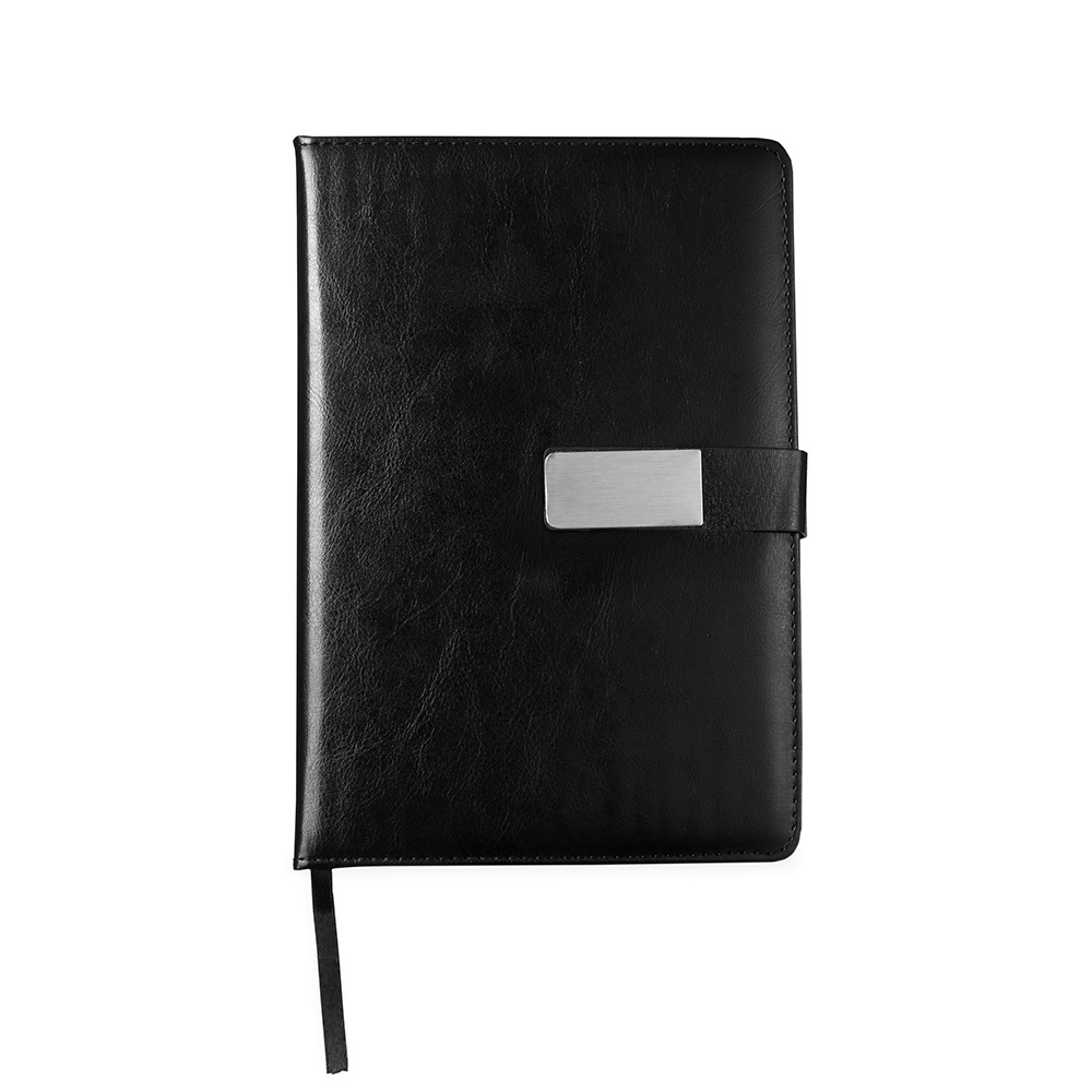 Caderneta couro sintético pautada com 96 folhas na cor Preto, personalizada com a logo da empresa