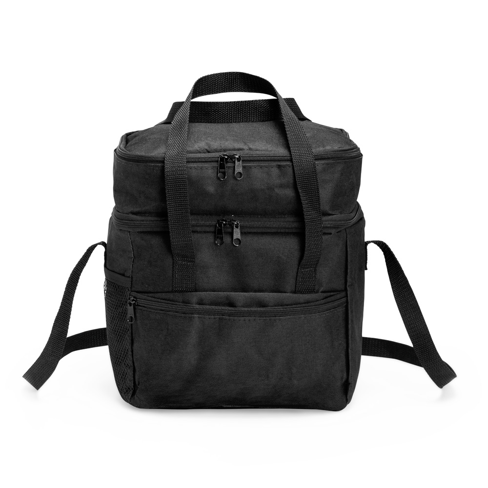Bolsa térmica dupla 14 litros de poliéster com 2 compartimentos na cor Preto, personalizada com a logo da empresa