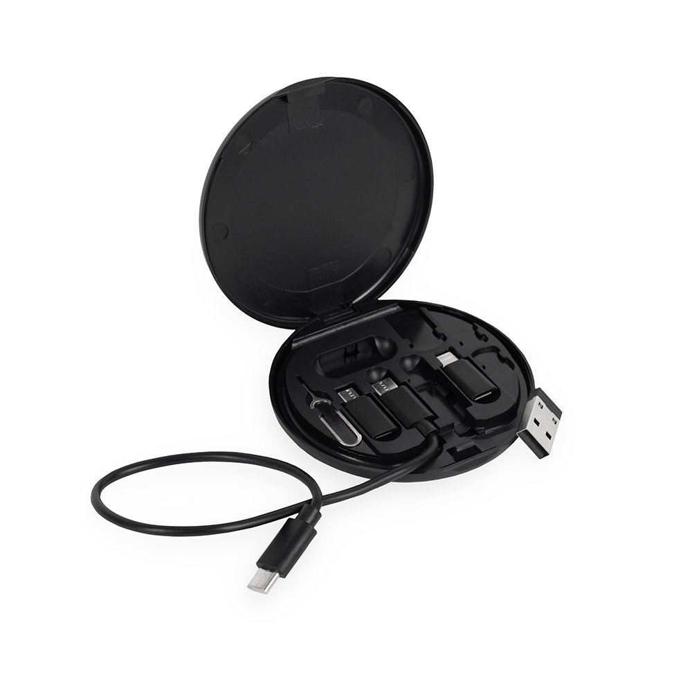 Kit cabo USB-C com 3 adaptadores na cor Preto, personalizado com a logo da empresa