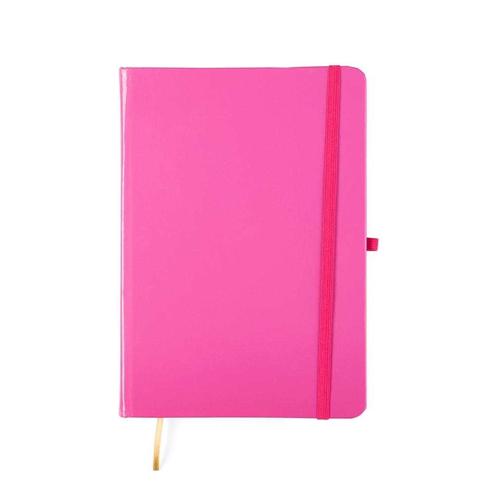 Caderneta laminada com pauta e capa dura personalizada com a logo da empresa, na cor rosa