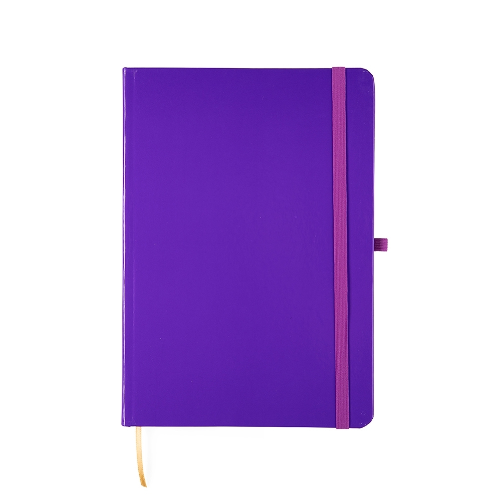 Caderneta laminada com pauta e capa dura personalizada com a logo da empresa, na cor roxo