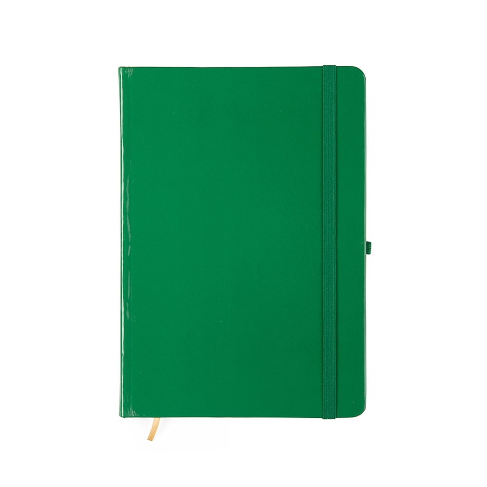 Caderneta laminada com pauta e capa dura personalizada com a logo da empresa, na cor verde
