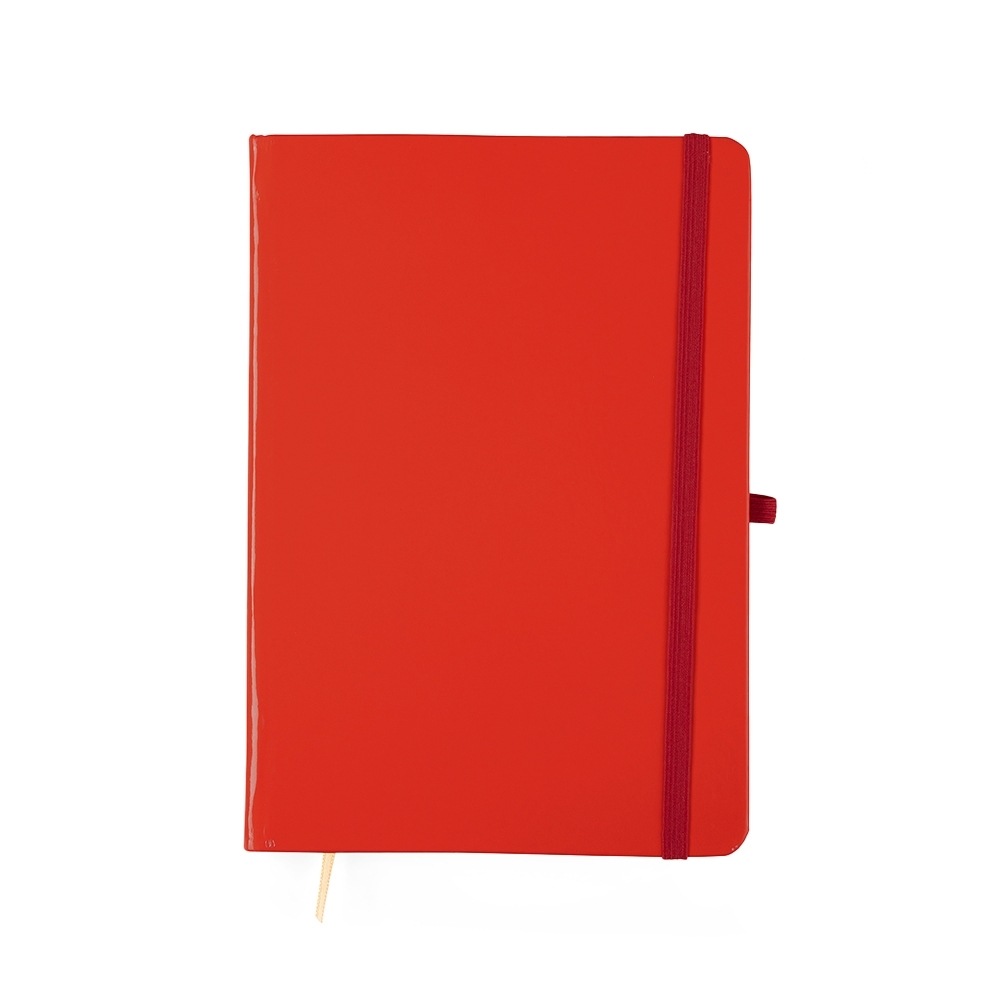 Caderneta laminada com pauta e capa dura personalizada com a logo da empresa, na cor vermelho