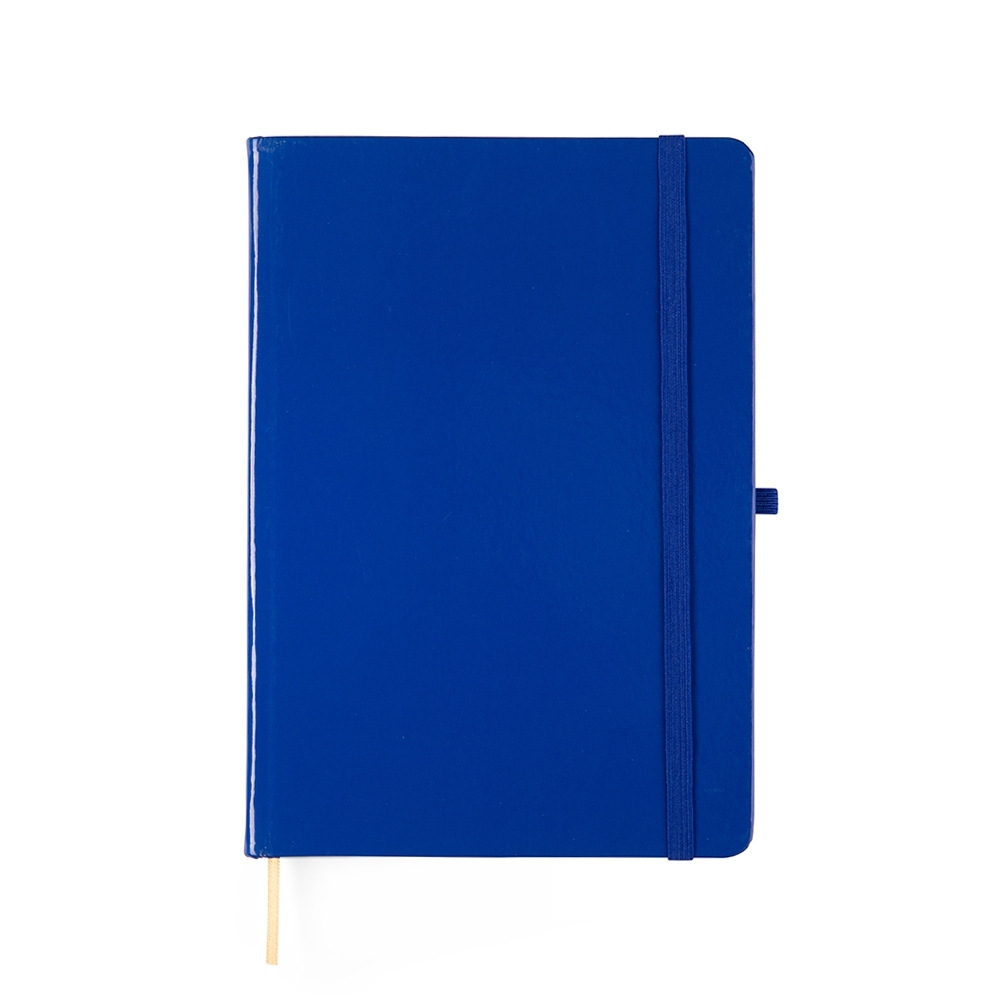 Caderneta laminada sem pauta com capa dura e porta-caneta personalizada com a logo da empresa, na cor azul