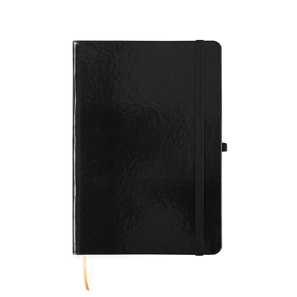 Caderneta laminada sem pauta com capa dura e porta-caneta na cor Preto, personalizada com a logo da empresa