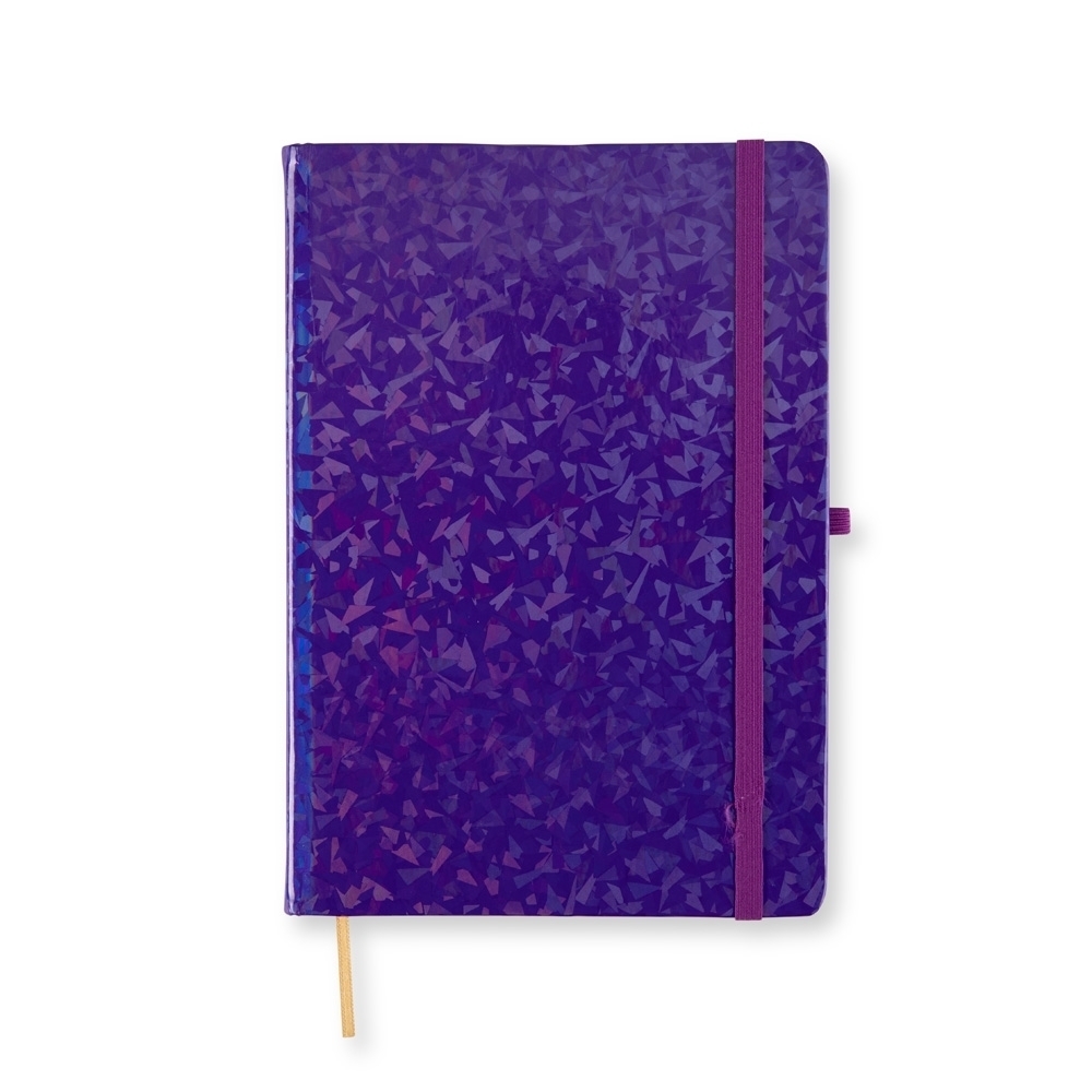 Caderneta holográfica sem pauta com capa dura e porta-caneta personalizada com a logo da empresa, na cor roxo