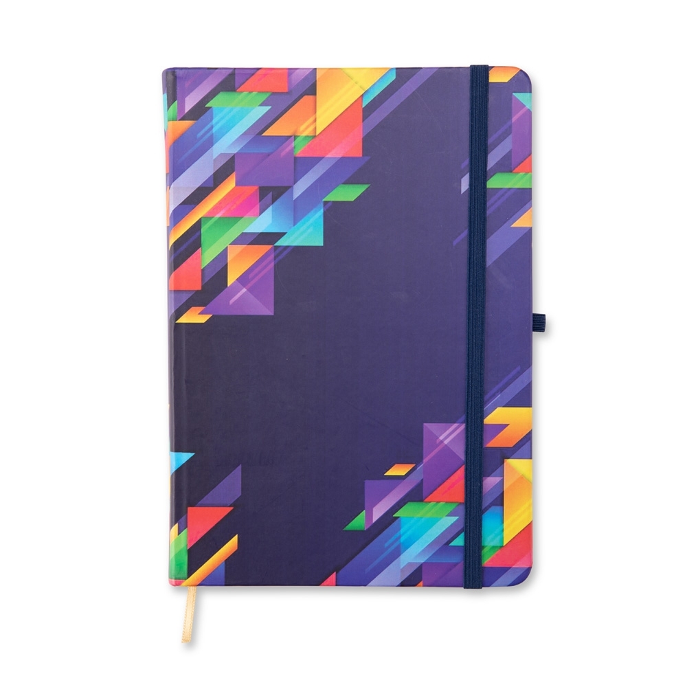 Caderneta estampada com capa dura e porta-caneta na cor Roxo, personalizada com a logo da empresa