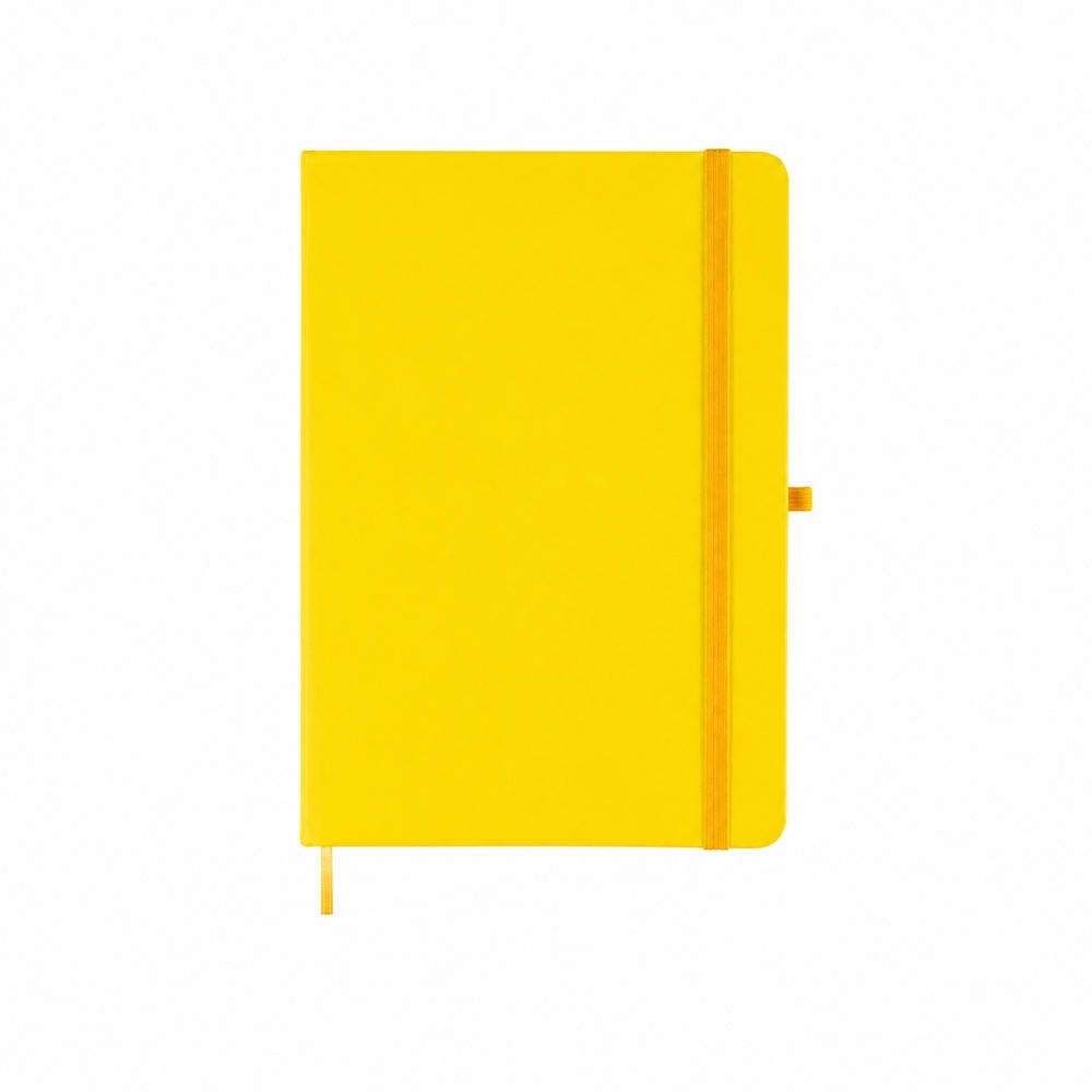 Caderneta fosca com pauta e capa dura personalizada com a logo da empresa, na cor amarelo