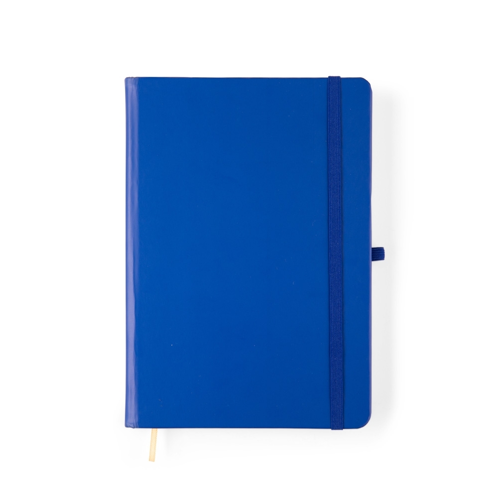 Caderneta fosca com pauta e capa dura personalizada com a logo da empresa, na cor azul