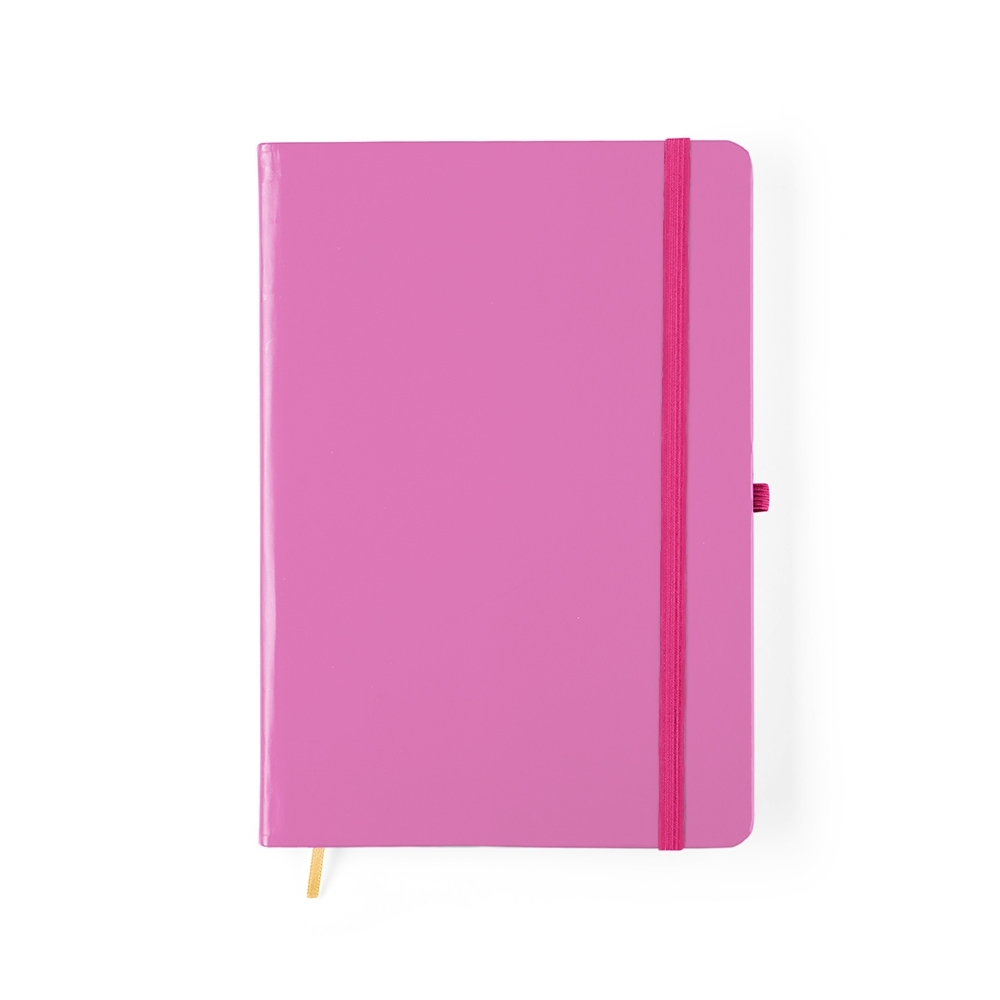 Caderneta fosca com pauta e capa dura personalizada com a logo da empresa, na cor rosa
