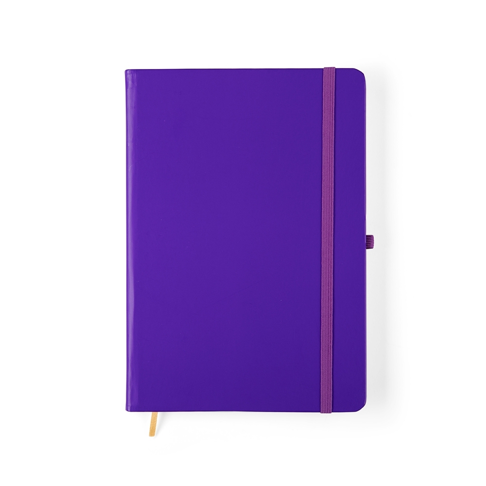 Caderneta fosca com pauta e capa dura personalizada com a logo da empresa, na cor roxo