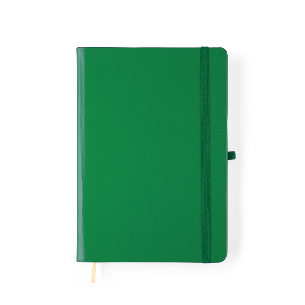 Caderneta fosca com pauta e capa dura personalizada com a logo da empresa, na cor verde