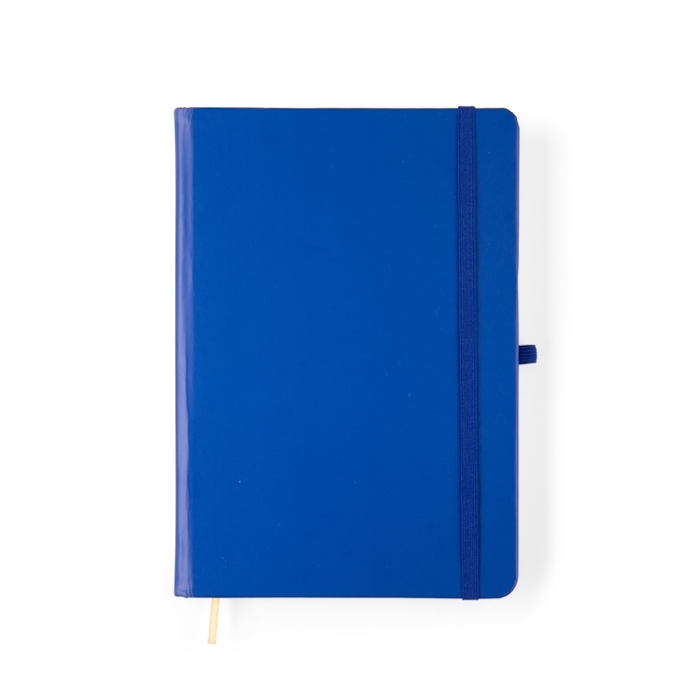 Caderneta fosca sem pauta com capa dura e porta-caneta na cor Azul, personalizada com a logo da empresa
