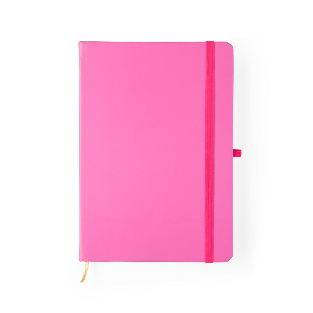 Caderneta fosca sem pauta com capa dura e porta-caneta personalizada com a logo da empresa, na cor rosa