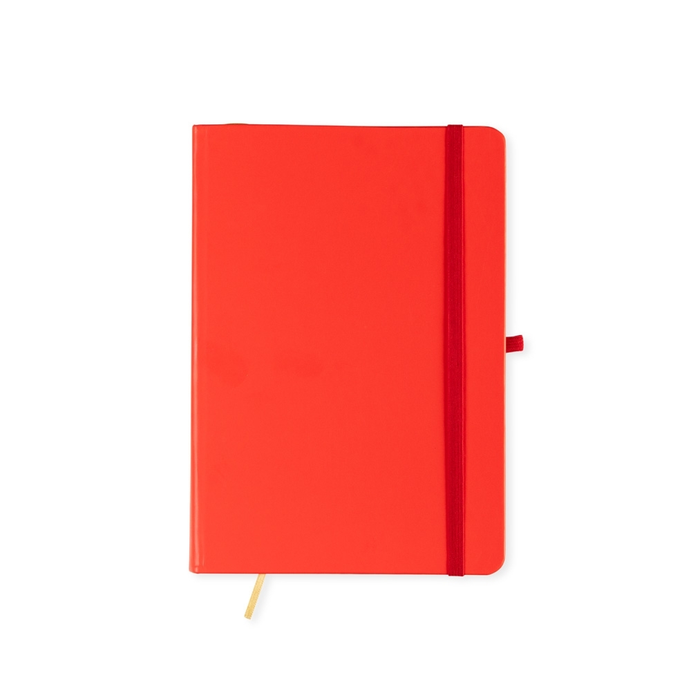 Caderneta fosca sem pauta com capa dura e porta-caneta personalizada com a logo da empresa, na cor vermelho