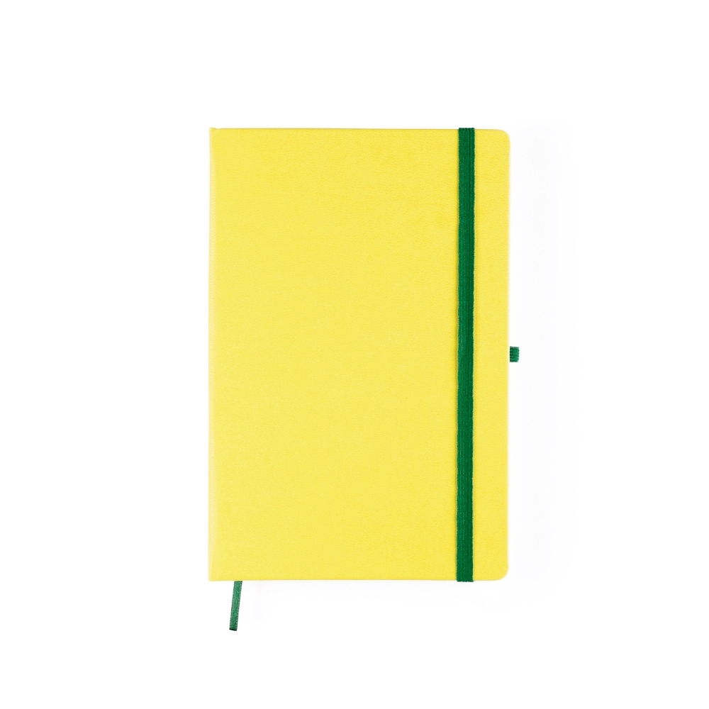 Caderneta percalux texturizada com pauta e capa dura na cor Amarelo / Verde, personalizada com a logo da empresa