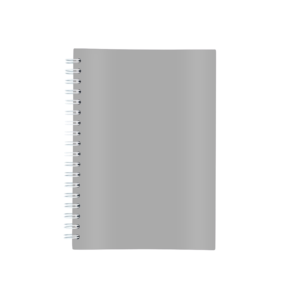 Caderno laminado com pauta e capa dura personalizado com a logo da empresa, na cor cinza