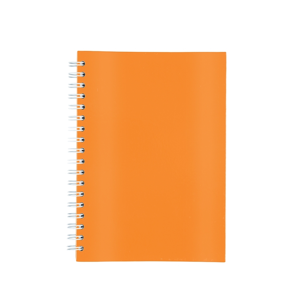 Caderno laminado com pauta e capa dura personalizado com a logo da empresa, na cor laranja