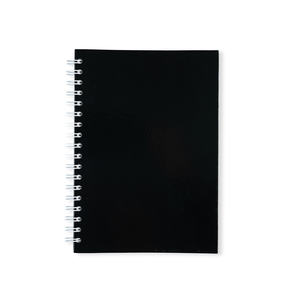 Caderno laminado com pauta e capa dura na cor Preto, personalizado com a logo da empresa