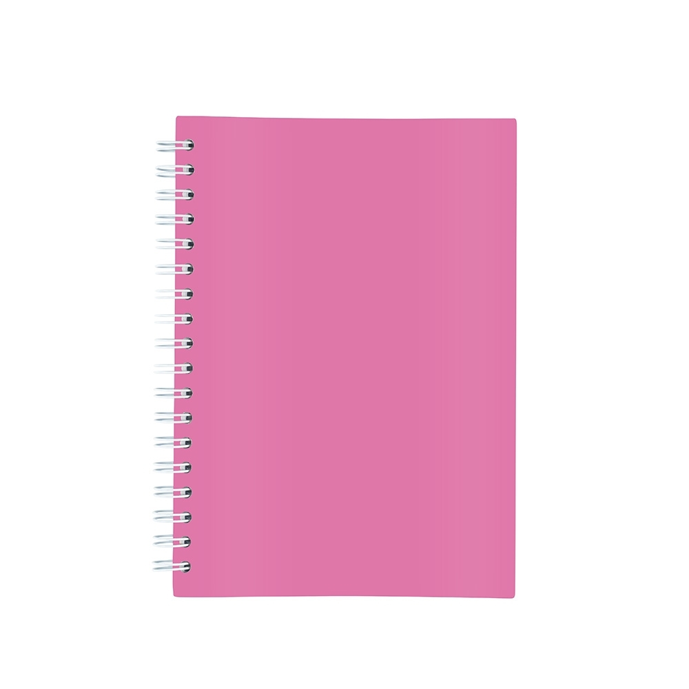 Caderno laminado com pauta e capa dura personalizado com a logo da empresa, na cor rosa