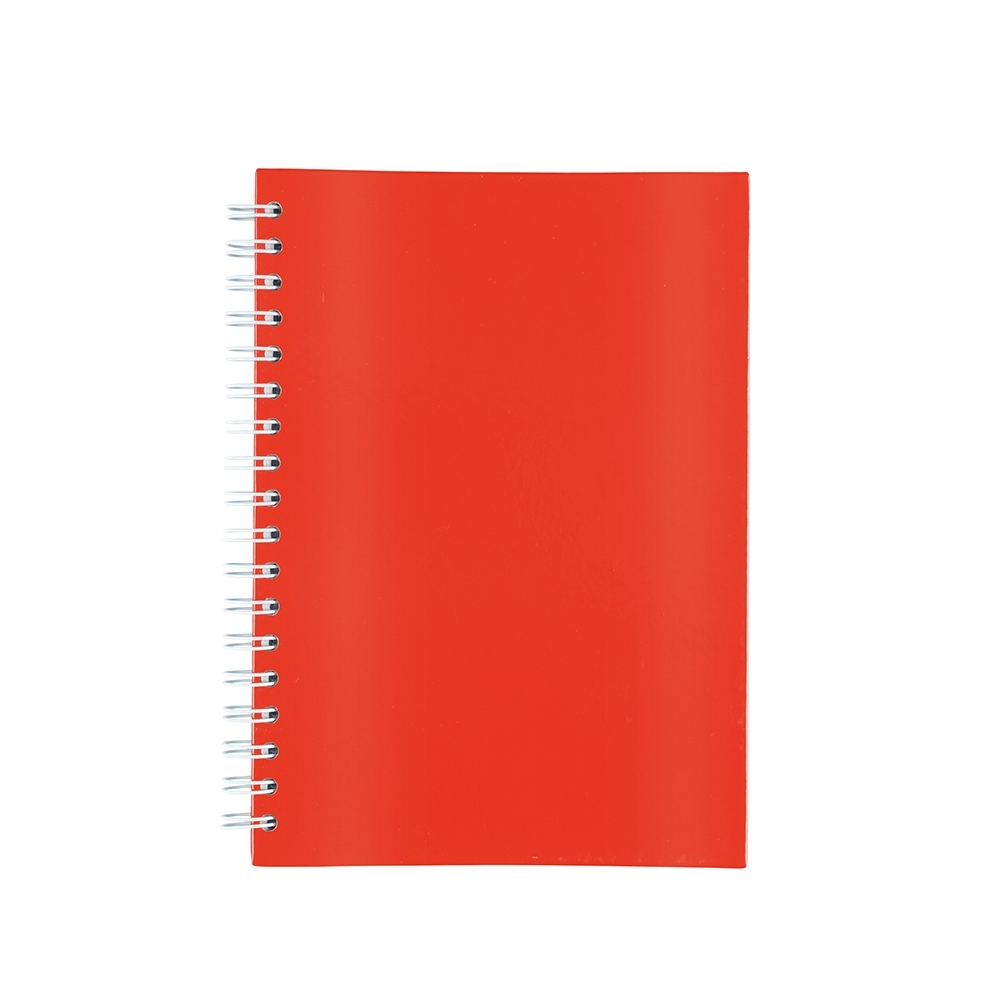 Caderno laminado com pauta e capa dura personalizado com a logo da empresa, na cor vermelho