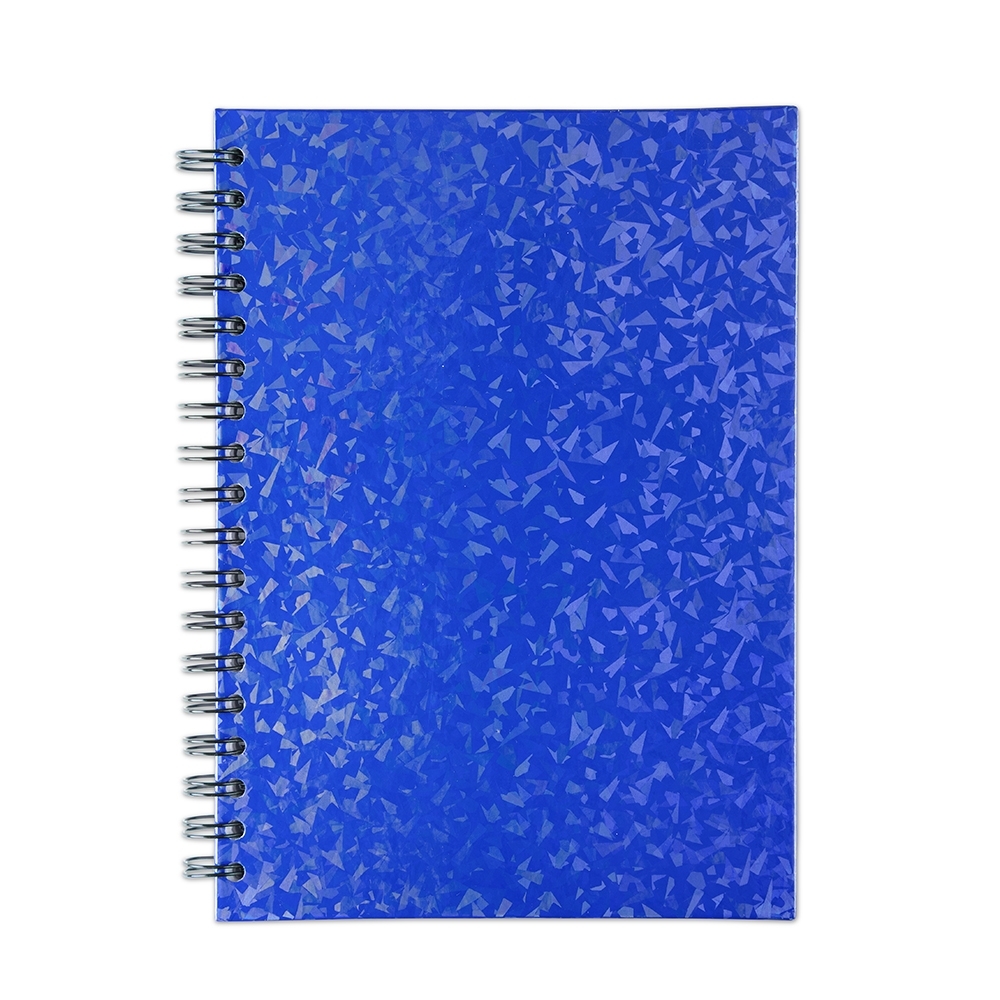 Caderno holográfico com pauta, capa dura e 96 folhas na cor Azul, personalizado com a logo da empresa