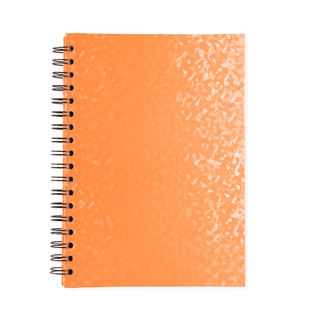 Caderno holográfico com pauta, capa dura e 96 folhas personalizado com a logo da empresa, na cor laranja