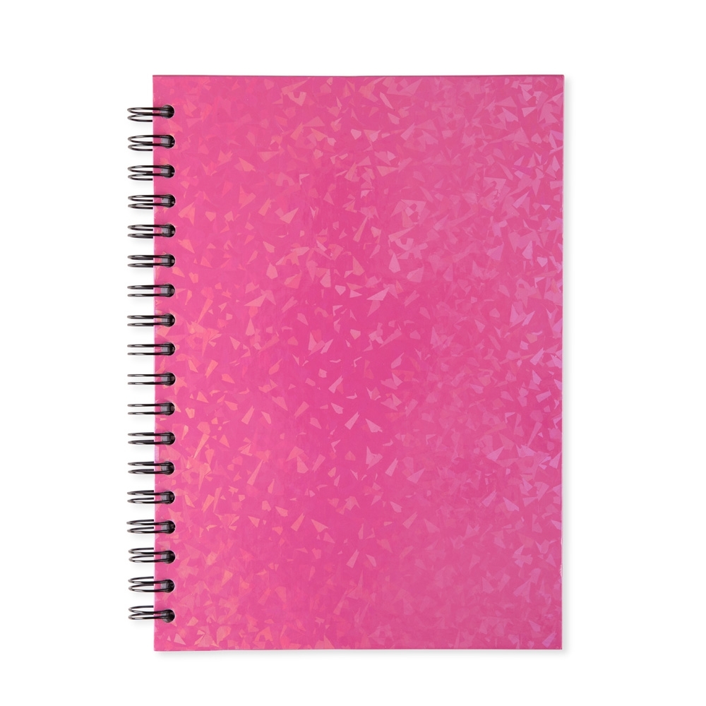 Caderno holográfico com pauta, capa dura e 96 folhas personalizado com a logo da empresa, na cor rosa