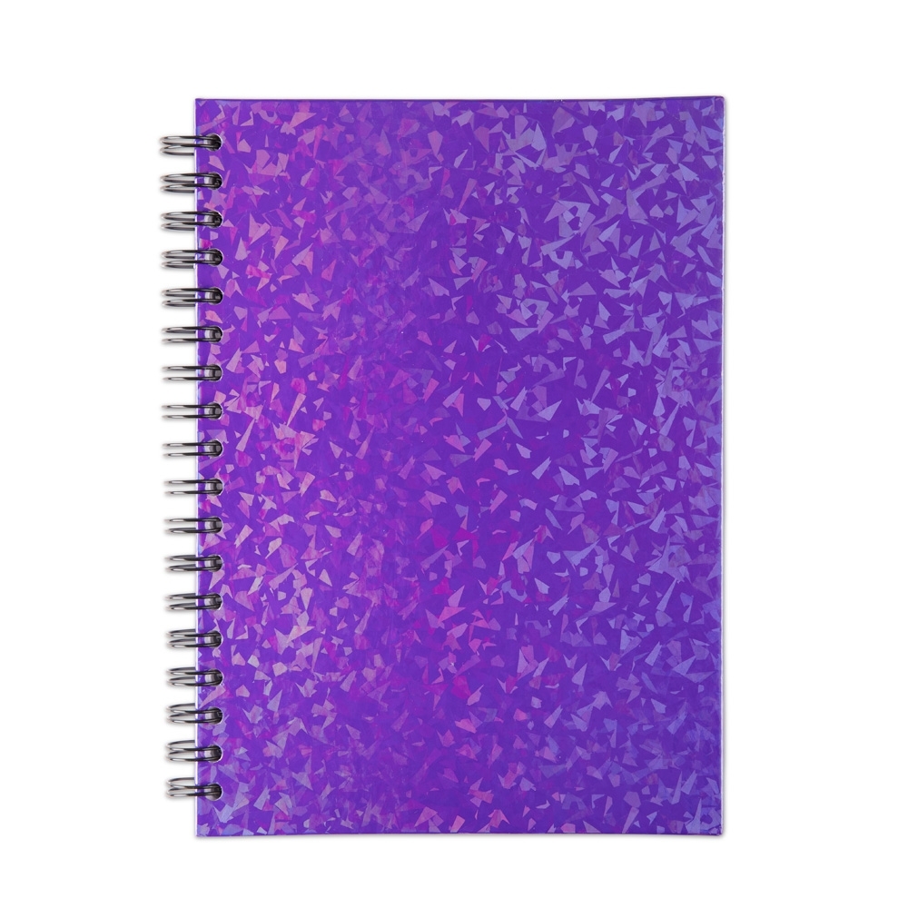 Caderno holográfico com pauta, capa dura e 96 folhas personalizado com a logo da empresa, na cor roxo