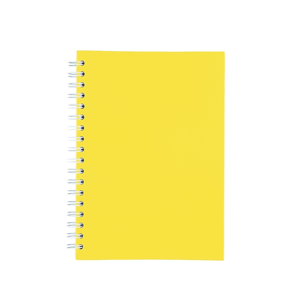 Caderno capa fosca com pauta e espiral personalizado com a logo da empresa, na cor amarelo