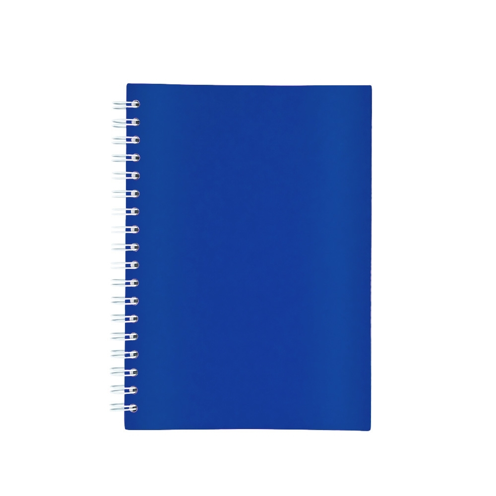Caderno capa fosca com pauta e espiral personalizado com a logo da empresa, na cor azul