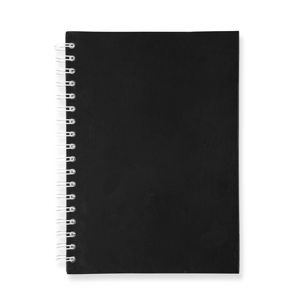Caderno capa fosca com pauta e espiral personalizado com a logo da empresa, na cor preto