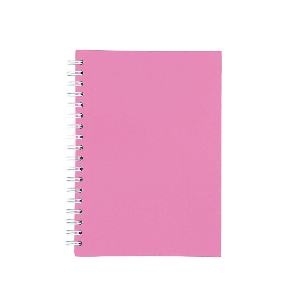 Caderno capa fosca com pauta e espiral personalizado com a logo da empresa, na cor rosa