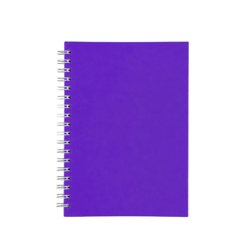 Caderno capa fosca com pauta e espiral personalizado com a logo da empresa, na cor roxo