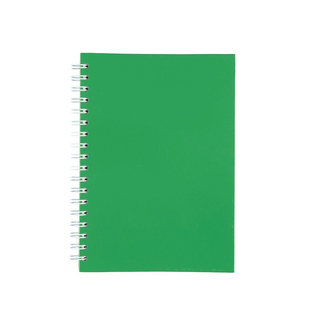 Caderno capa fosca com pauta e espiral personalizado com a logo da empresa, na cor verde