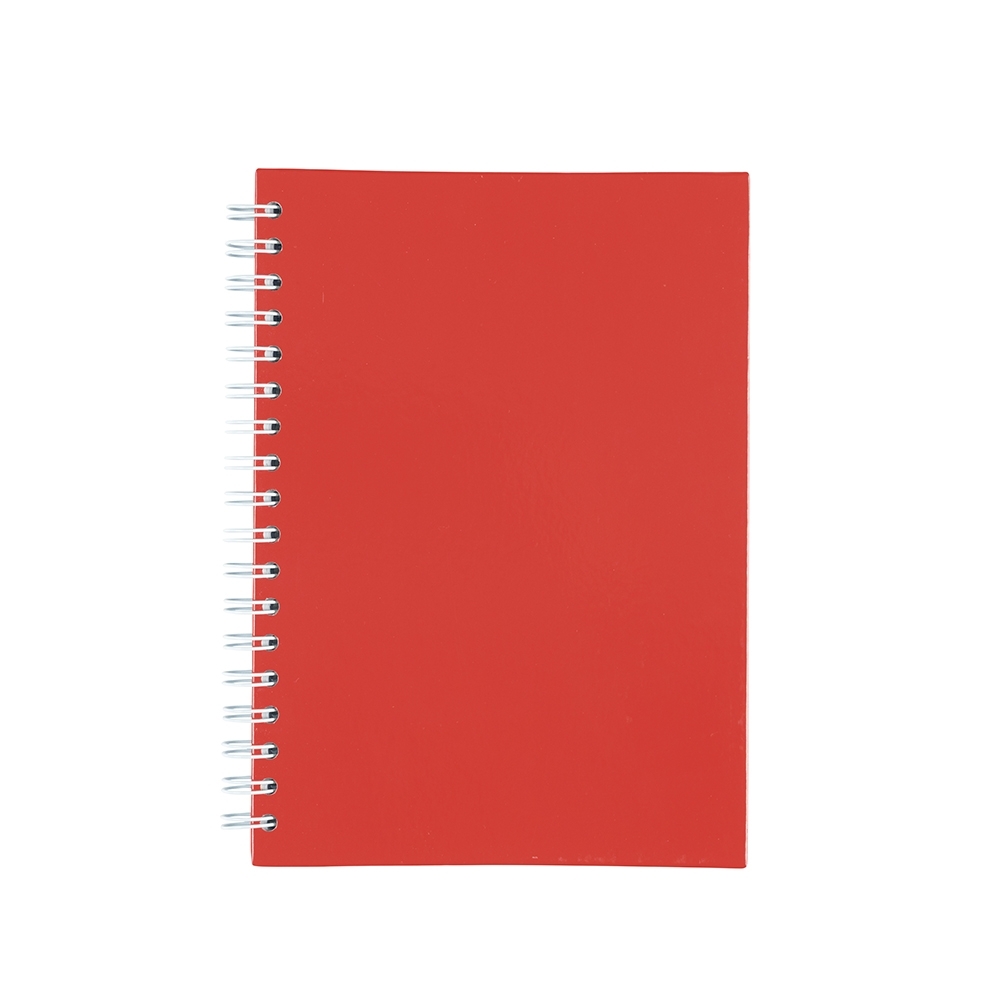 Caderno capa fosca com pauta e espiral personalizado com a logo da empresa, na cor vermelho