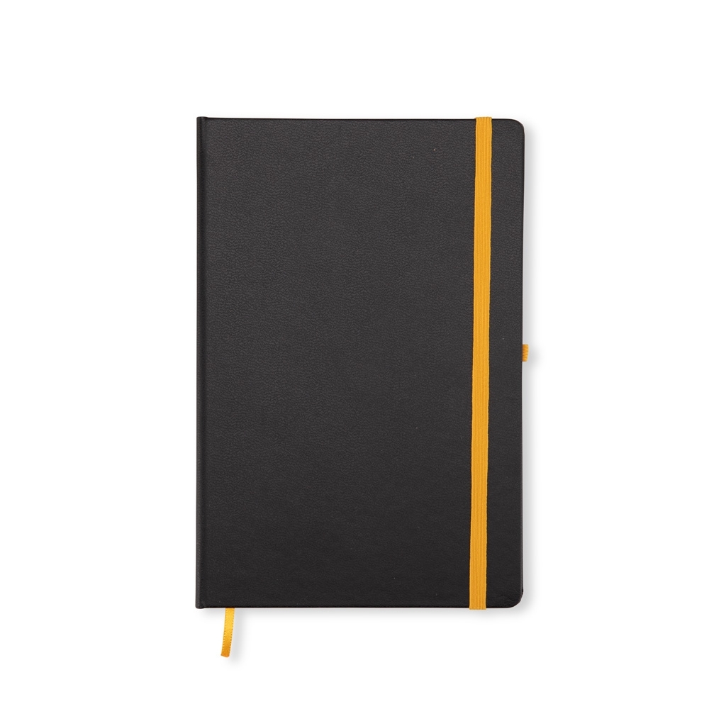 Caderneta cromato com pauta e capa dura na cor Preto / Amarelo, personalizada com a logo da empresa